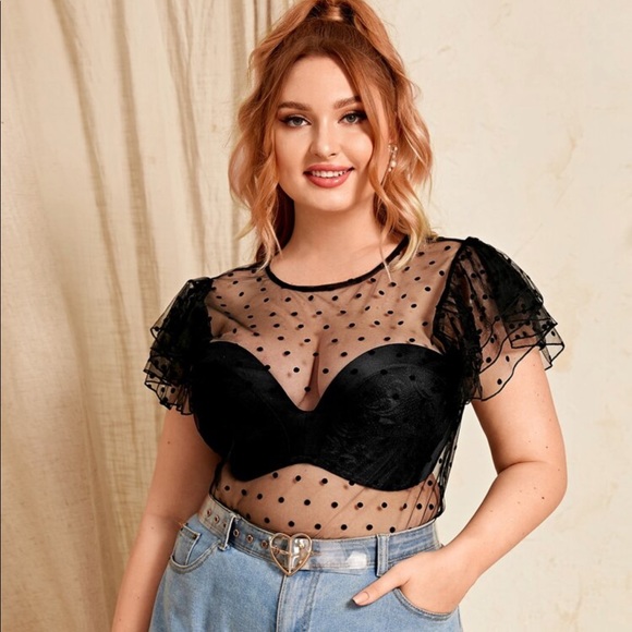 SHEIN Tops - Flutter Sleeve Sheer Polka Dot Top